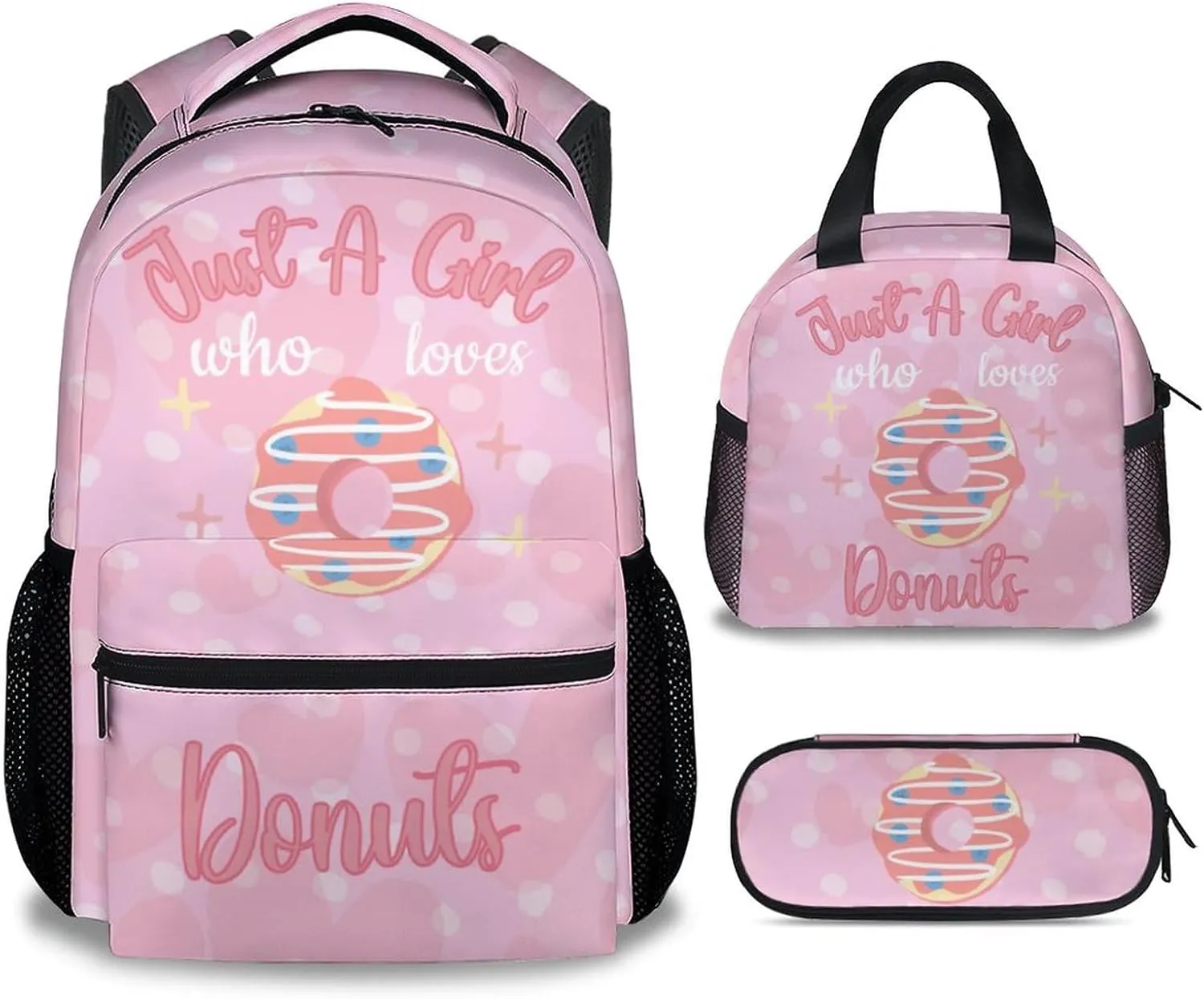 Donut Backpack with Lunch Box Set for Girls - 3 in 1 Primary Middle School Backpacks Matching Combo - Large Capacity, Durable, Lightweight, Pink Bookbag and Pencil Case Bundle