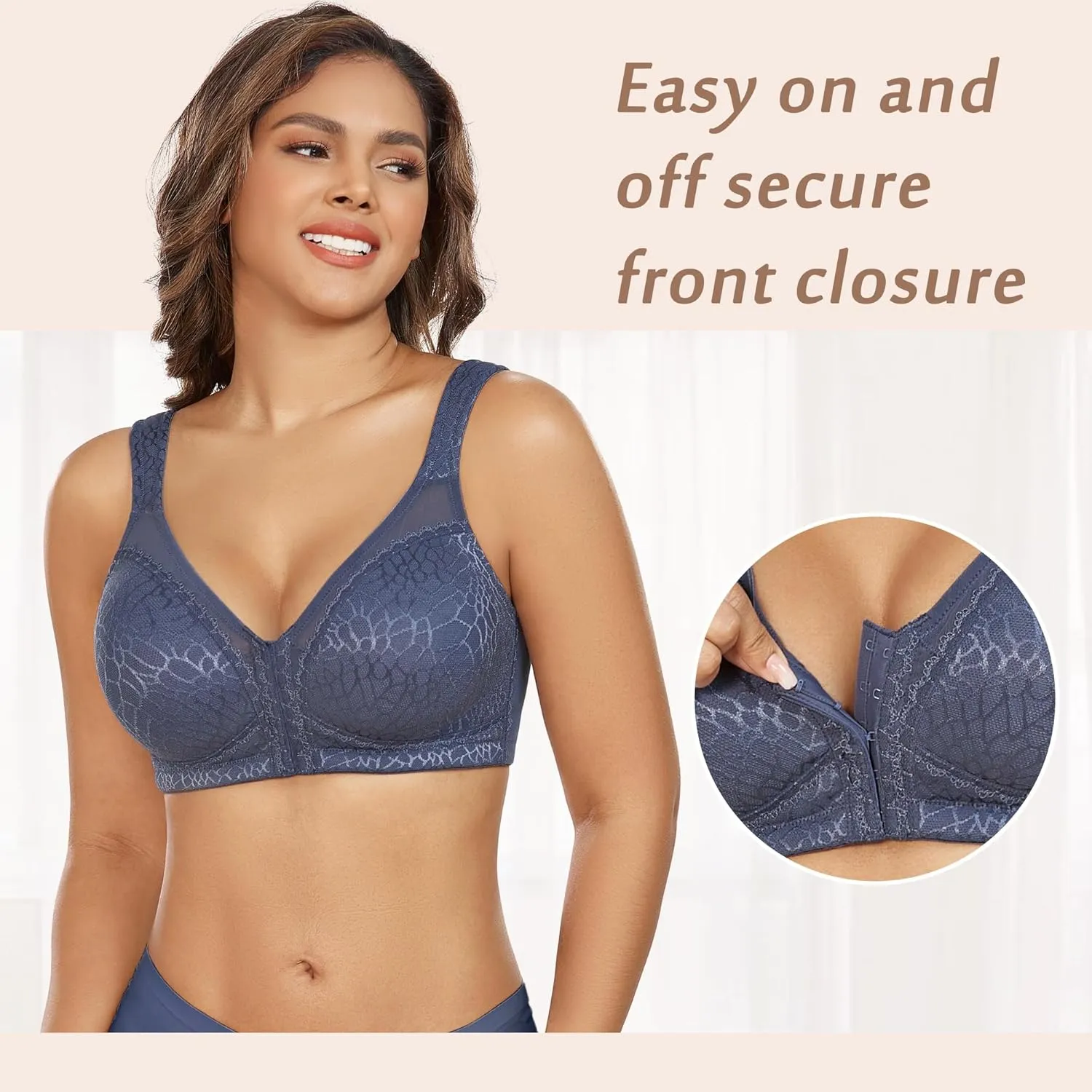 DotVol Women's Full Figure Front Closure Wirefree Jacquard Back Support Posture Bra