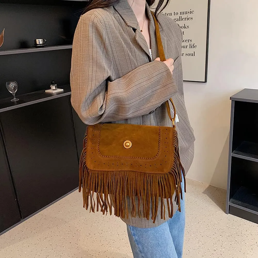 Downupdown Fringe Crossbody Bag for Women Vintage Messenger Bag Suede Hobo Purse Flap Satchel Shoulder Bag Bohemian Handbag