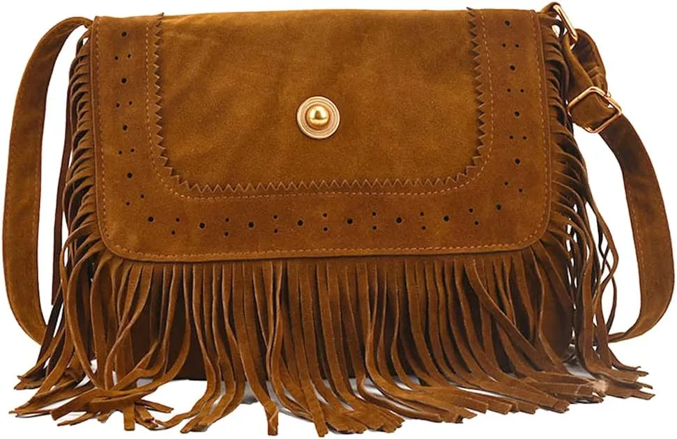 Downupdown Fringe Crossbody Bag for Women Vintage Messenger Bag Suede Hobo Purse Flap Satchel Shoulder Bag Bohemian Handbag