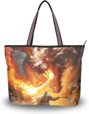Dragon Attack Flame Warrior Tote Bag for Women Durable Designer Handbag with Zipper for Daily Use Travel L