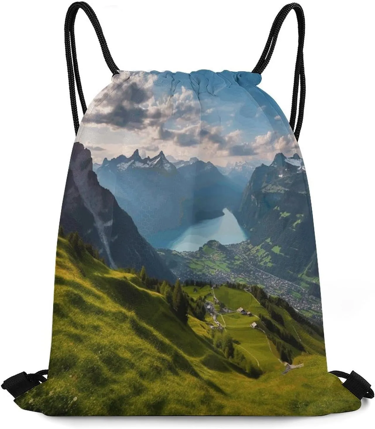 Drawstring Backpack Bag,Switzerland Alps Print Drawstring Backpacks,Sports Gym Backpack with Mesh Pocket String Bag for Women Men