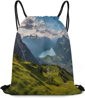 Drawstring Backpack Bag,Switzerland Alps Print Drawstring Backpacks,Sports Gym Backpack with Mesh Pocket String Bag for Women Men
