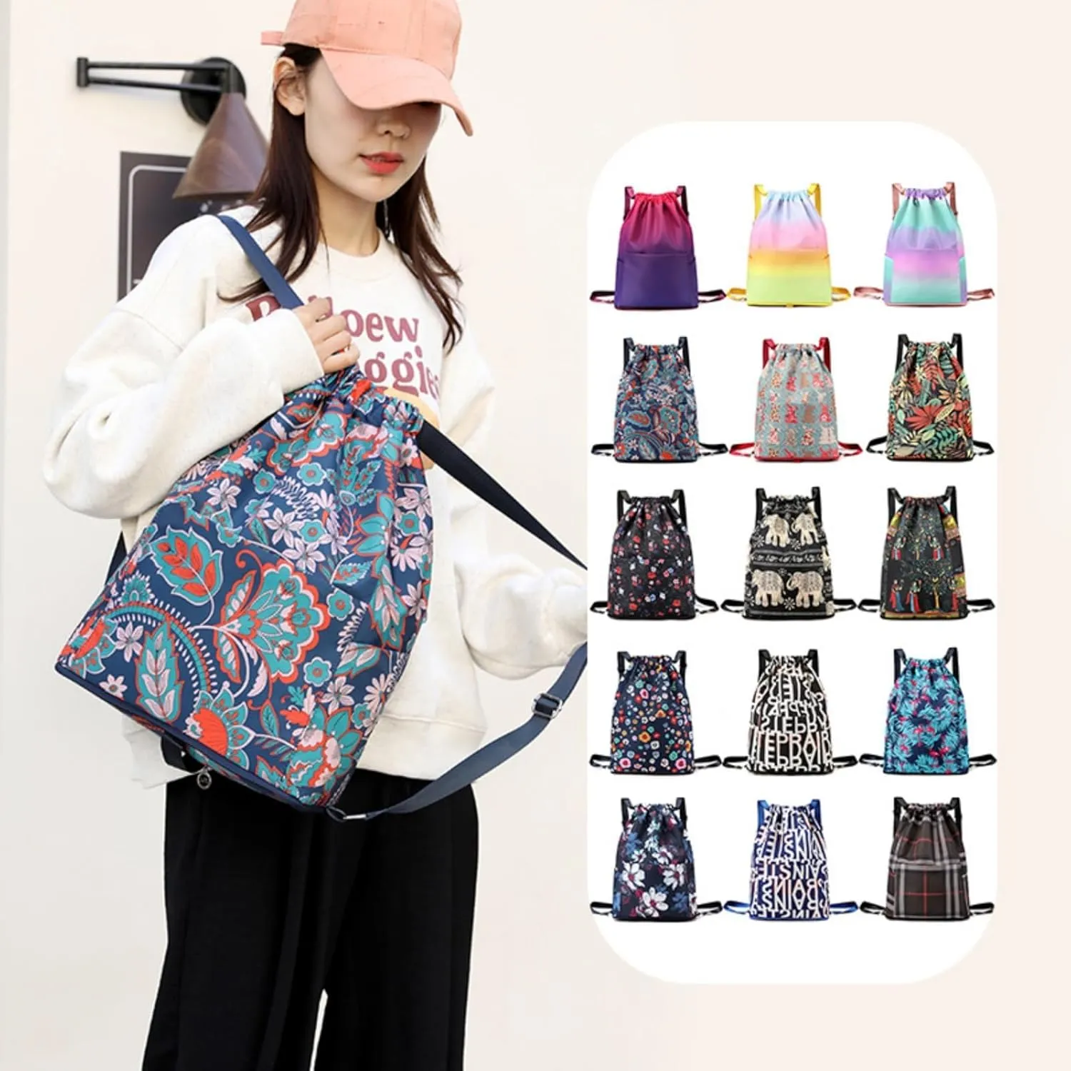 Drawstring Foldable Large Capacity Dry-wet Separation Travel Sports Backpack, Illuminate Waterproof Bag for Travel, Fitness (black with crushed flowers)