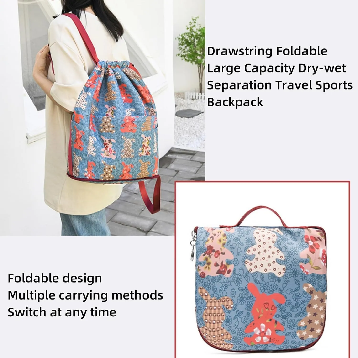 Drawstring Foldable Large Capacity Dry-wet Separation Travel Sports Backpack, Illuminate Waterproof Bag for Travel, Fitness (black with crushed flowers)