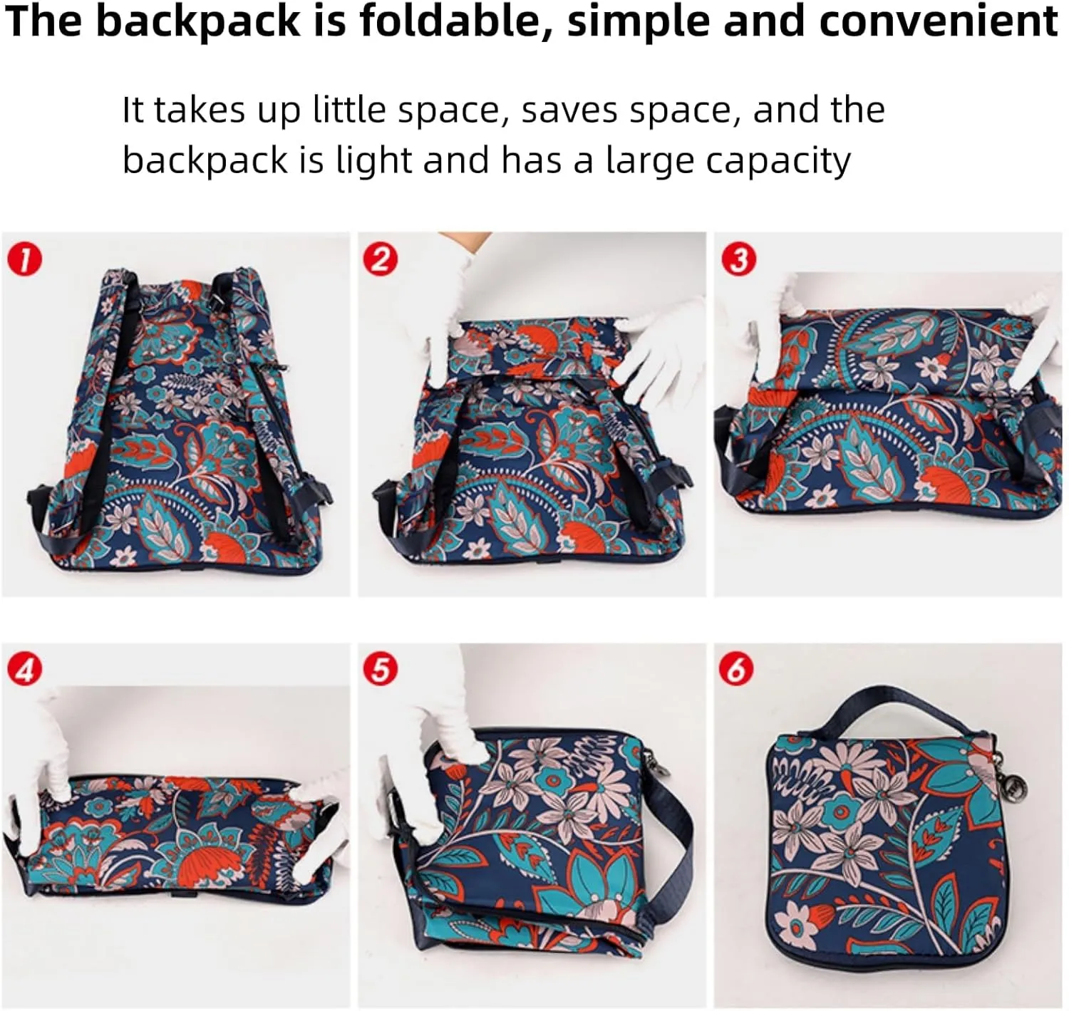 Drawstring Foldable Large Capacity Dry-wet Separation Travel Sports Backpack, Illuminate Waterproof Bag for Travel, Fitness (black with crushed flowers)