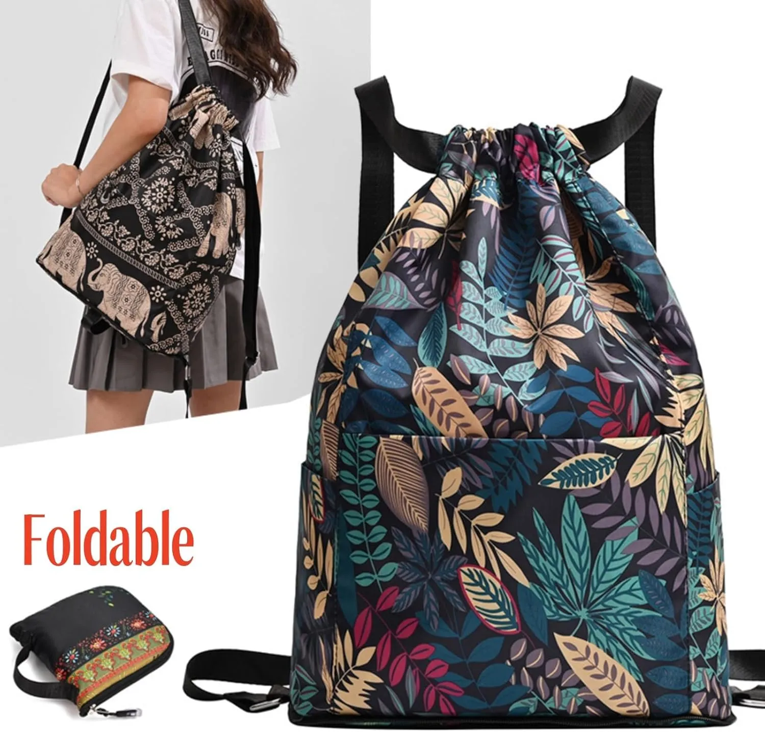 Drawstring Foldable Large Capacity Dry-wet Separation Travel Sports Backpack, Illuminate Waterproof Bag for Travel, Fitness (black with crushed flowers)