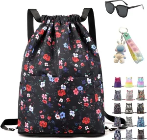Drawstring Foldable Large Capacity Dry-wet Separation Travel Sports Backpack, Illuminate Waterproof Bag for Travel, Fitness (black with crushed flowers)