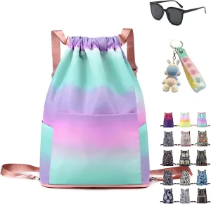 Drawstring Foldable Large Capacity Dry-wet Separation Travel Sports Backpack, Illuminate Waterproof Bag for Travel, Fitness (Blue-Purple Gradient)