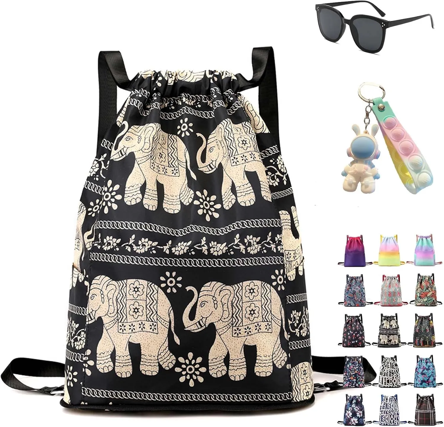 Drawstring Foldable Large Capacity Dry-wet Separation Travel Sports Backpack, Illuminate Waterproof Bag for Travel, Fitness (elephant)