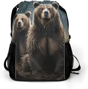 Drawstring Gym Bag,Encounter Animal Bear Print Drawstring Backpack,Sports Gym Backpack with Mesh Pocket String Bag for Women Men