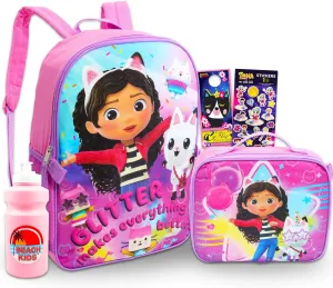 DreamWorks Gabby's Backpack with Lunch Box Set - Bundle with 16" Backpack, Lunch Bag, Stickers, Water Bottle, More | Gabby's School Bag for Girls