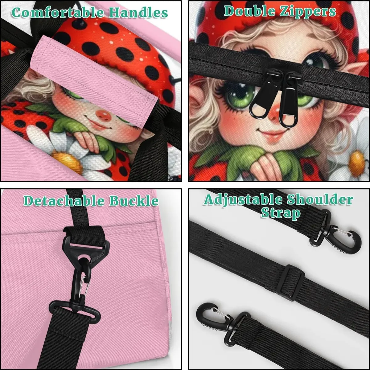 Duffle Bag Ladybug Elf Red PersonalizedGym Bag Travel Bag Luggage Bag Waterproof Lightweight Sports for Dance Gymnastics Cheers Soccer Wrestling Hospital, for Weekender Overnight