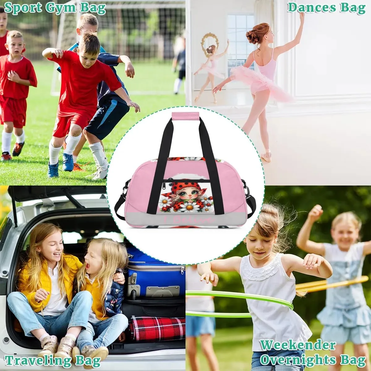 Duffle Bag Ladybug Elf Red PersonalizedGym Bag Travel Bag Luggage Bag Waterproof Lightweight Sports for Dance Gymnastics Cheers Soccer Wrestling Hospital, for Weekender Overnight