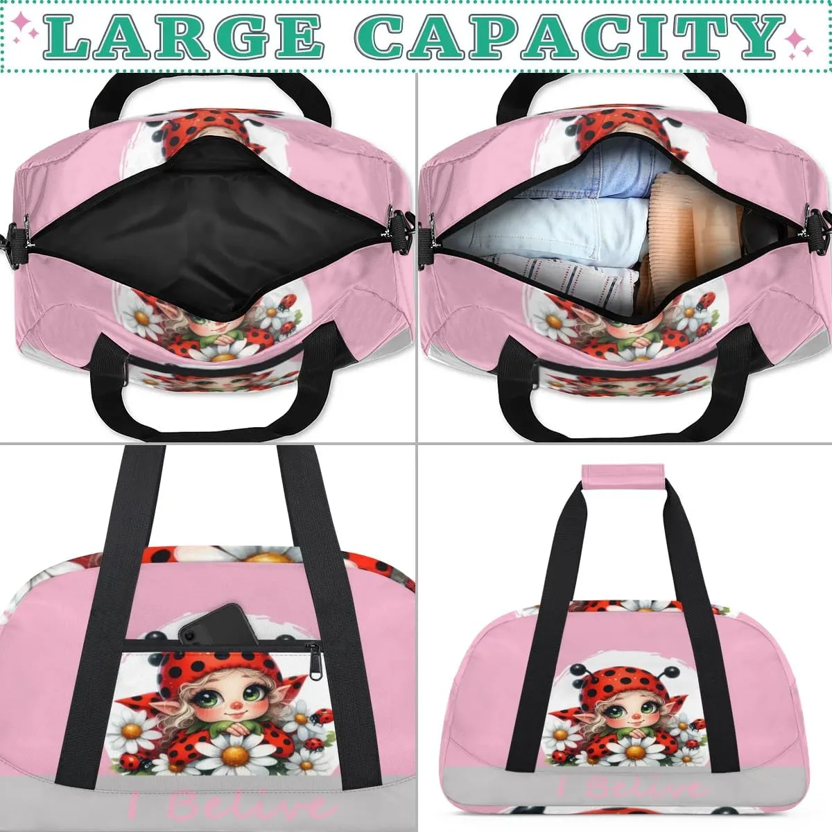 Duffle Bag Ladybug Elf Red PersonalizedGym Bag Travel Bag Luggage Bag Waterproof Lightweight Sports for Dance Gymnastics Cheers Soccer Wrestling Hospital, for Weekender Overnight