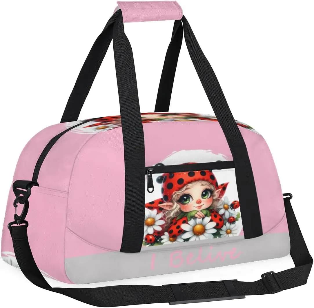 Duffle Bag Ladybug Elf Red PersonalizedGym Bag Travel Bag Luggage Bag Waterproof Lightweight Sports for Dance Gymnastics Cheers Soccer Wrestling Hospital, for Weekender Overnight