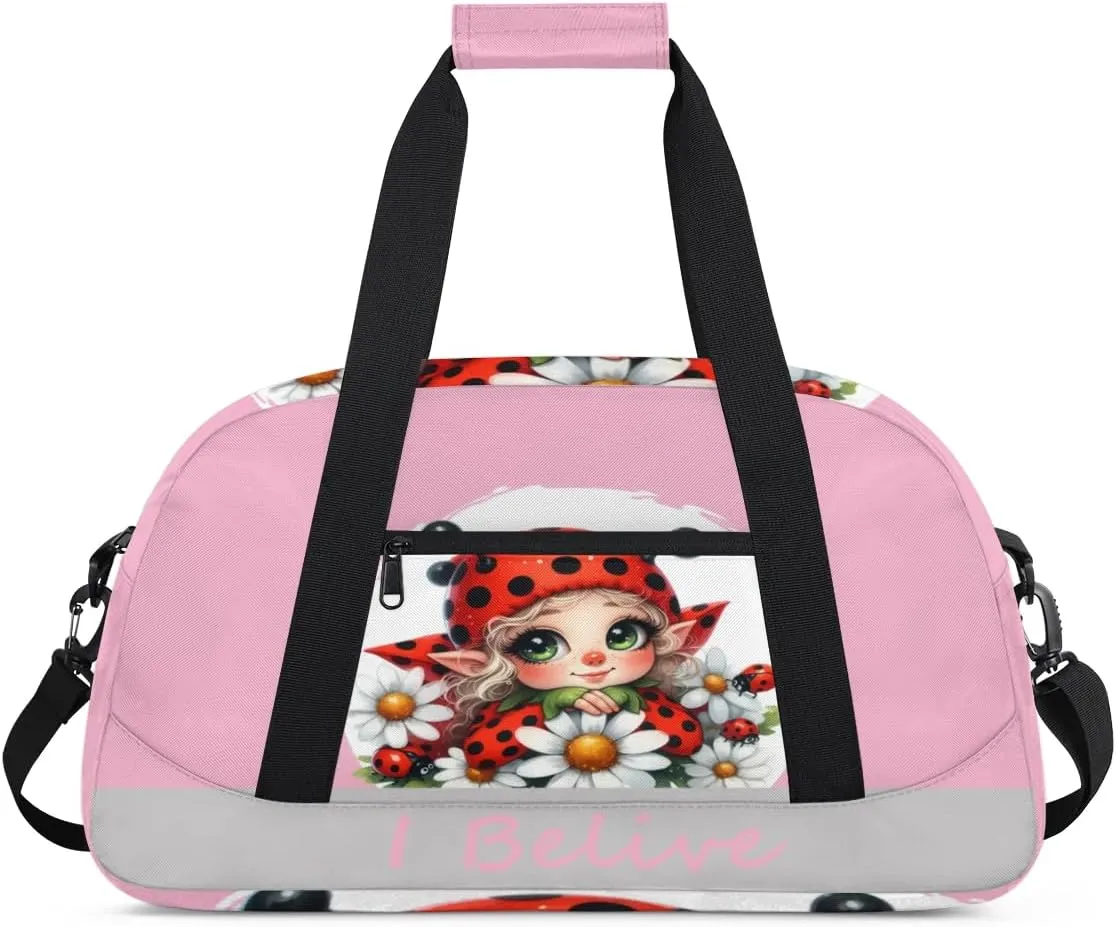 Duffle Bag Ladybug Elf Red PersonalizedGym Bag Travel Bag Luggage Bag Waterproof Lightweight Sports for Dance Gymnastics Cheers Soccer Wrestling Hospital, for Weekender Overnight