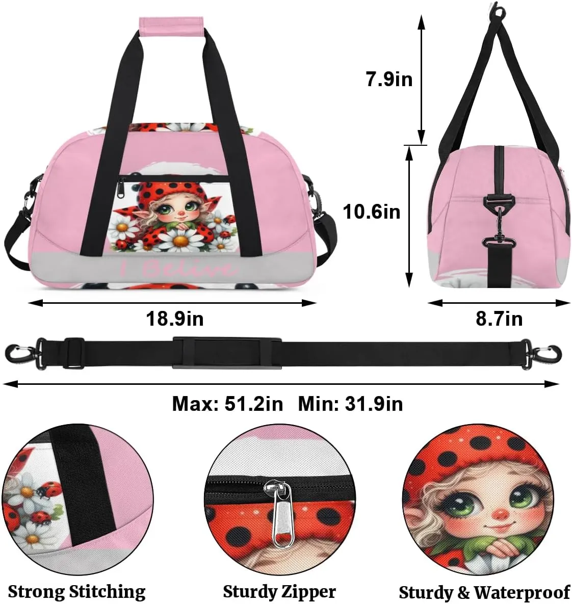 Duffle Bag Ladybug Elf Red PersonalizedGym Bag Travel Bag Luggage Bag Waterproof Lightweight Sports for Dance Gymnastics Cheers Soccer Wrestling Hospital, for Weekender Overnight