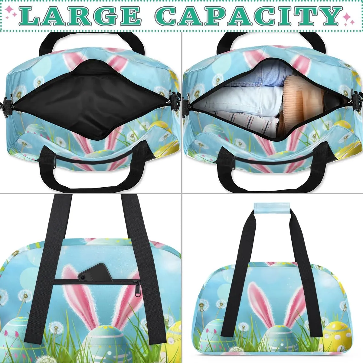 Duffle Bag Sky Easter Eggs Easter Flowers Gym Bag Travel Bag Luggage Bag Waterproof Lightweight Sports for Dance Gymnastics Cheers Soccer Wrestling Hospital, for Weekender Overnight