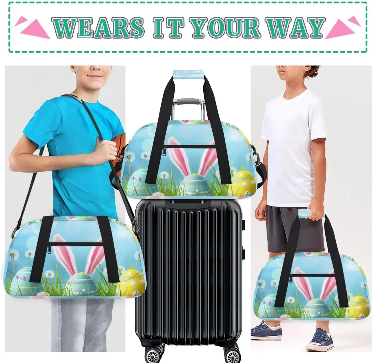 Duffle Bag Sky Easter Eggs Easter Flowers Gym Bag Travel Bag Luggage Bag Waterproof Lightweight Sports for Dance Gymnastics Cheers Soccer Wrestling Hospital, for Weekender Overnight