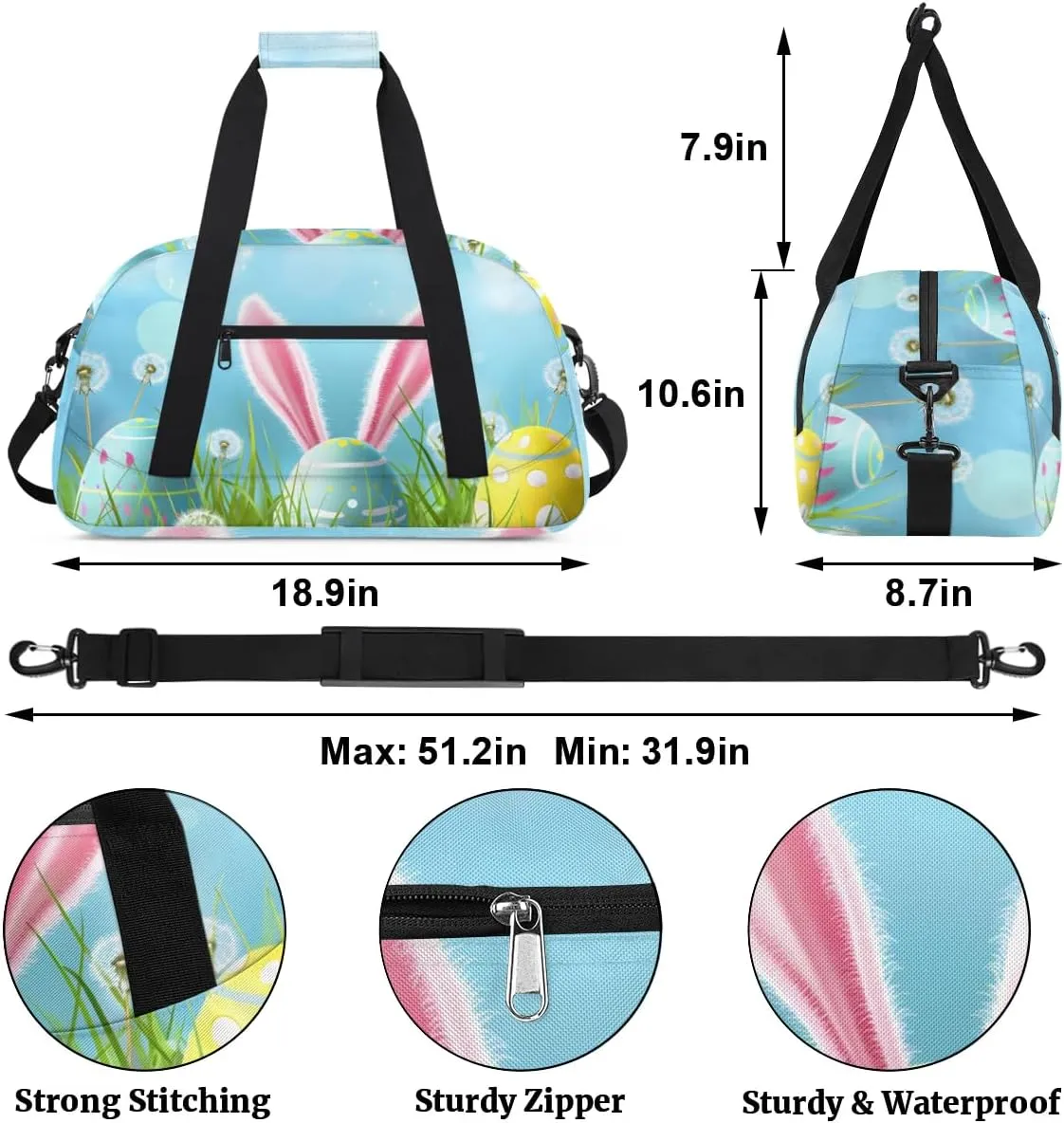 Duffle Bag Sky Easter Eggs Easter Flowers Gym Bag Travel Bag Luggage Bag Waterproof Lightweight Sports for Dance Gymnastics Cheers Soccer Wrestling Hospital, for Weekender Overnight