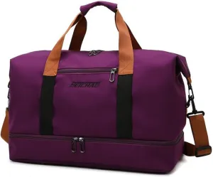 Duffle Bag with Independent Shoe Holder,Large Capacity,Canvas Material,Reusable Strong Load Bearing Multi-pocket Storage Splash-proof Dry Wet Outdoor Fitness Bag Travel Supplies for Men Women Purple