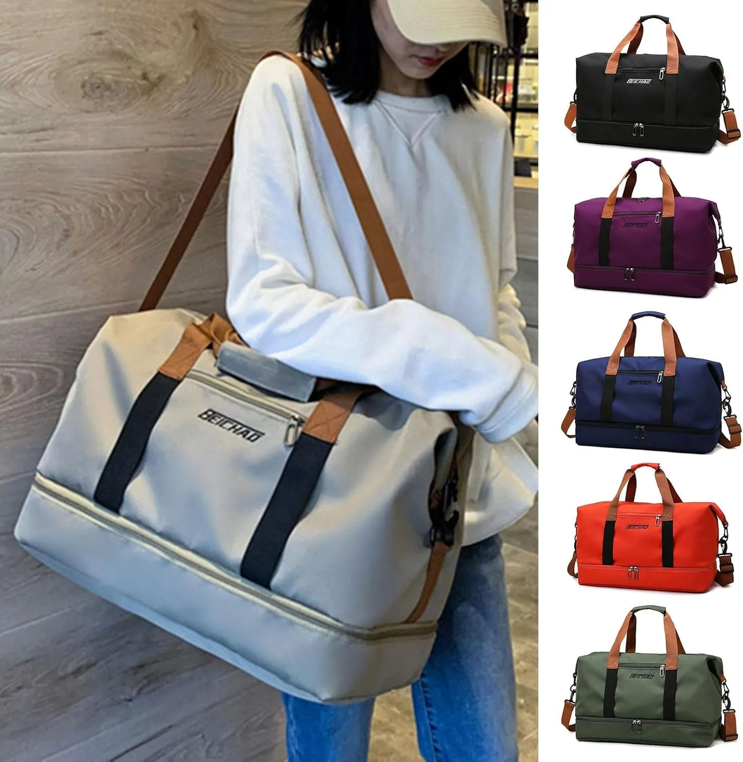 Duffle Bag with Independent Shoe Holder,Large Capacity,Canvas Material,Reusable Strong Load Bearing Multi-pocket Storage Splash-proof Dry Wet Outdoor Fitness Bag Travel Supplies for Men Women Purple