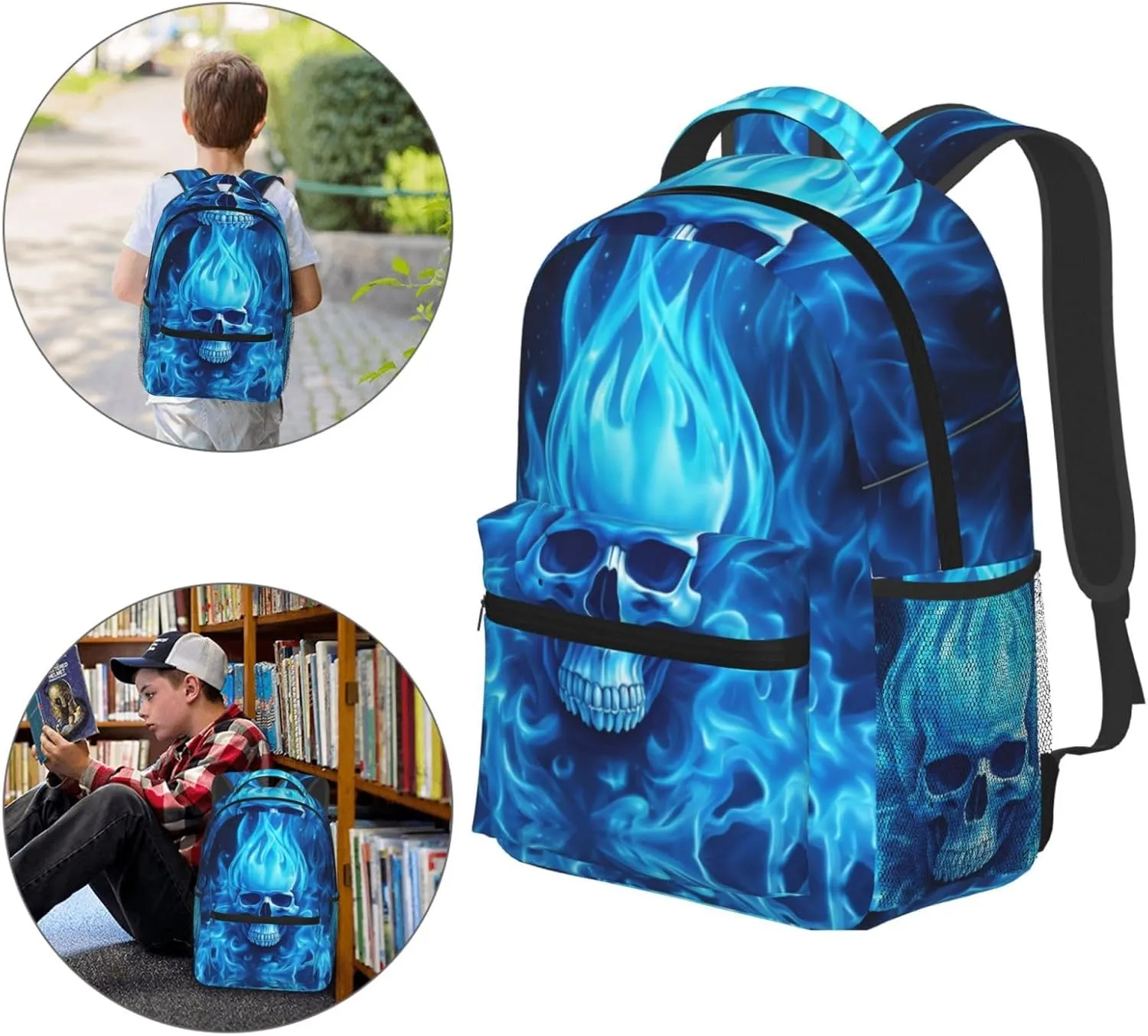Dujiea 17 Inch Backpack Blue Fire Skull Laptop Backpack School Bookbag Travel Shoulder Bag With Chest Strap