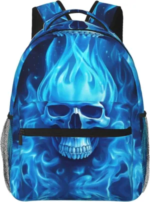 Dujiea 17 Inch Backpack Blue Fire Skull Laptop Backpack School Bookbag Travel Shoulder Bag With Chest Strap