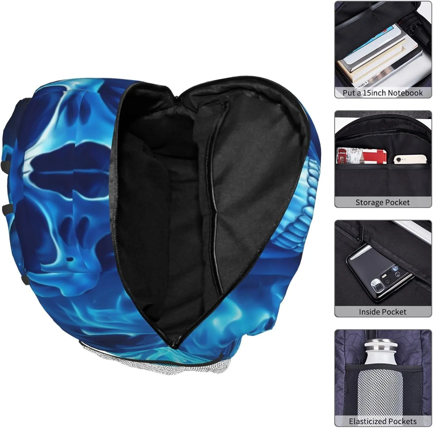 Dujiea 17 Inch Backpack Blue Fire Skull Laptop Backpack School Bookbag Travel Shoulder Bag With Chest Strap