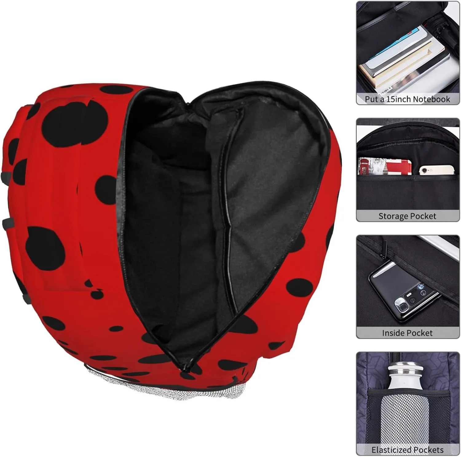 Dujiea 17 Inch Backpack Polka Dot Ladybug Laptop Backpack School Bookbag Travel Shoulder Bag With Chest Strap