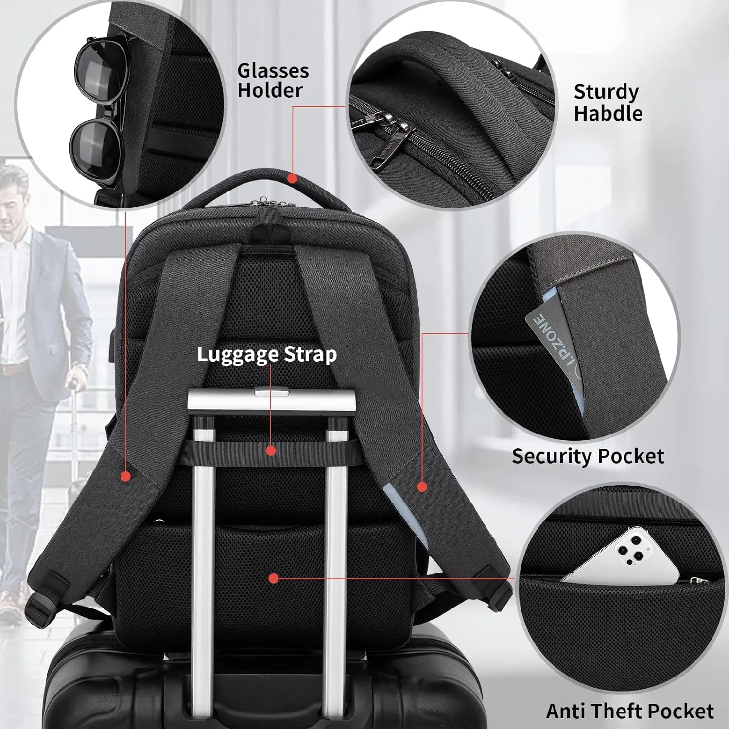 DUSLANG 17 Inch Laptop Backpack for Travel Water Resistant College Backpack for Men/Women Laptop Bag with USB Charging Port and Baseball Keychain for backpack, Black