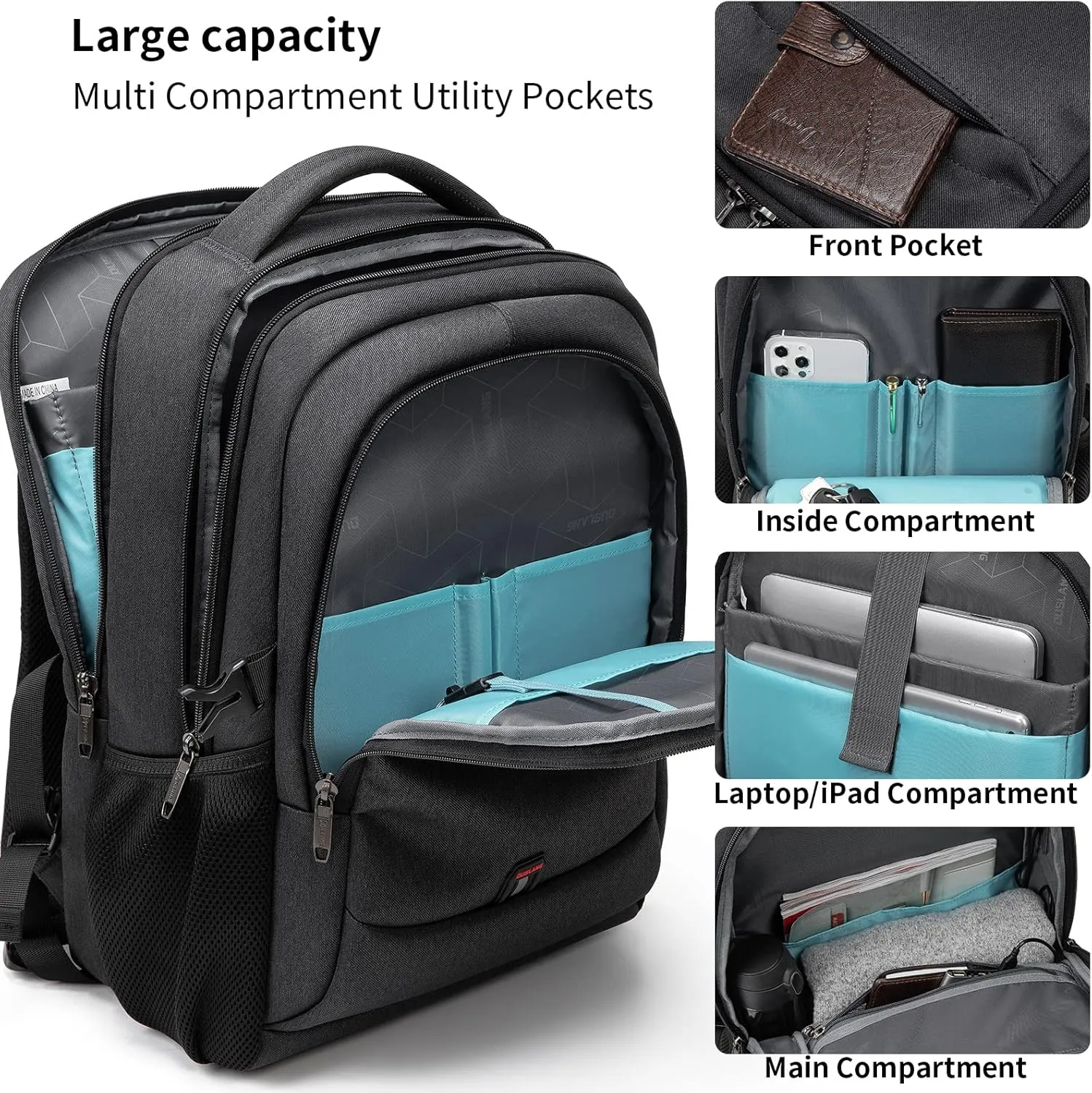 DUSLANG 17 Inch Laptop Backpack for Travel Water Resistant College Backpack for Men/Women Laptop Bag with USB Charging Port and Baseball Keychain for backpack, Black