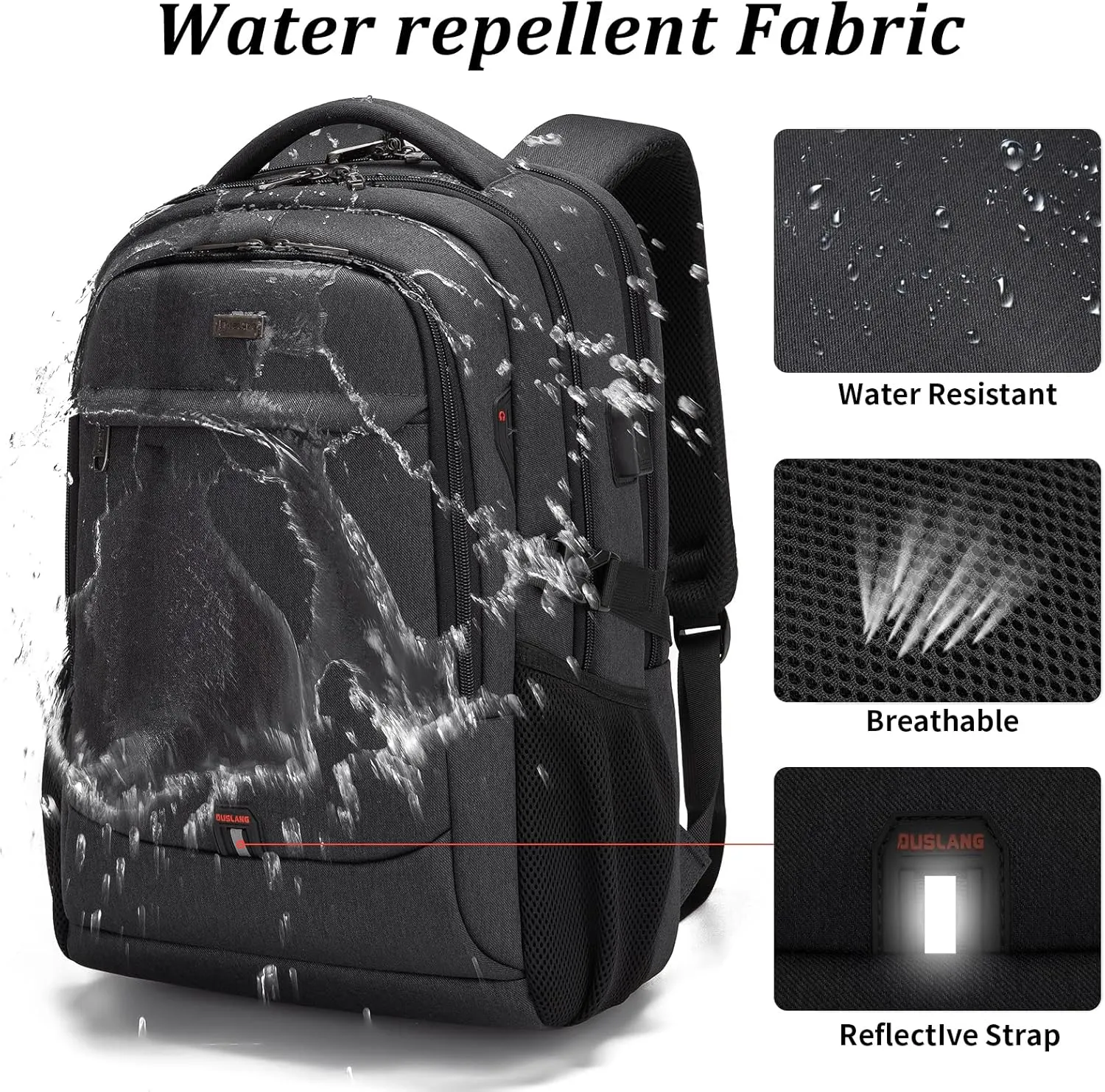 DUSLANG 17 Inch Laptop Backpack for Travel Water Resistant College Backpack for Men/Women Laptop Bag with USB Charging Port and Baseball Keychain for backpack, Black