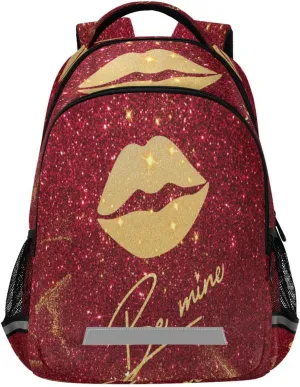 Dussdil Red Glitter Golden Lips Be Mine Kid's Backpack, Backpacks for Boys Girls 16 inch Casual Daypack Back Pack Laptop Bag Double Zipper Travel Bags with Adjustable Shoulder Strap