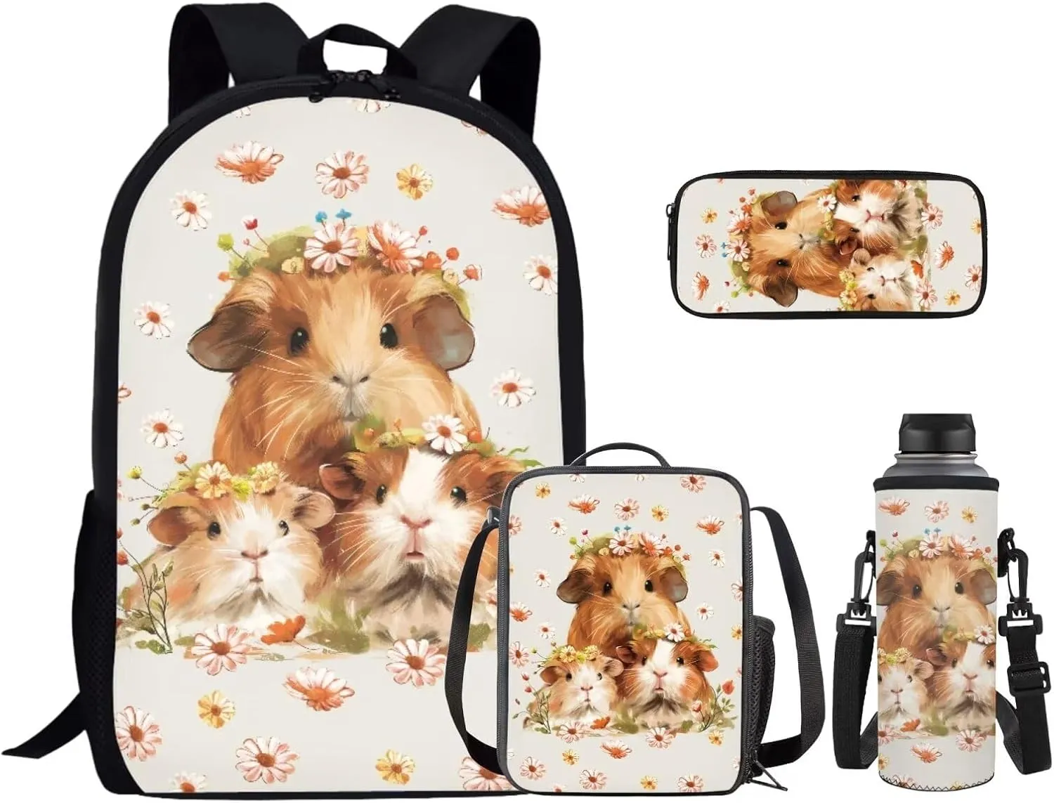 Dutch Pig School Bag and Lunch Box Set for Girls 4-6 Kids Backpack Set with Water Bottle Holder Kids School Handbags Lightweight Backpack for Middle High School/Trip/Excursions