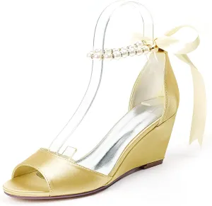DXSYMJM Bridal Shoes Women's Mid Wedge Heel Pearl Ankle Strap Lace Up Party Evening Bridesmaid Shoes