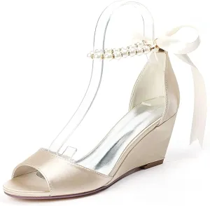 DXSYMJM Bridal Shoes Women's Mid Wedge Heel Pearl Ankle Strap Lace Up Party Evening Bridesmaid Shoes