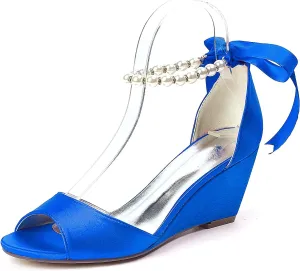 DXSYMJM Bridal Shoes Women's Mid Wedge Heel Pearl Ankle Strap Lace Up Party Evening Bridesmaid Shoes
