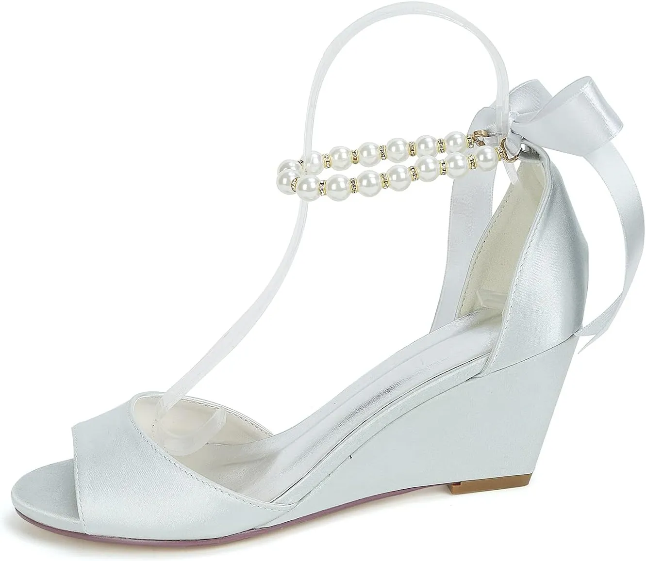 DXSYMJM Bridal Shoes Women's Mid Wedge Heel Pearl Ankle Strap Lace Up Party Evening Bridesmaid Shoes