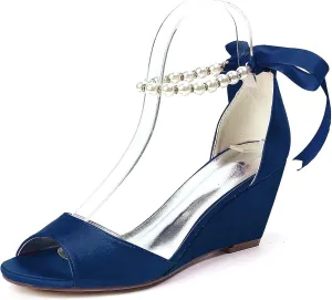 DXSYMJM Bridal Shoes Women's Mid Wedge Heel Pearl Ankle Strap Lace Up Party Evening Bridesmaid Shoes