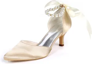 DXSYMJM Women's Bridal Shoes Closed Toe 2.36" High Heel Lace Satin Flower Ribbon Tie Wedding Shoes