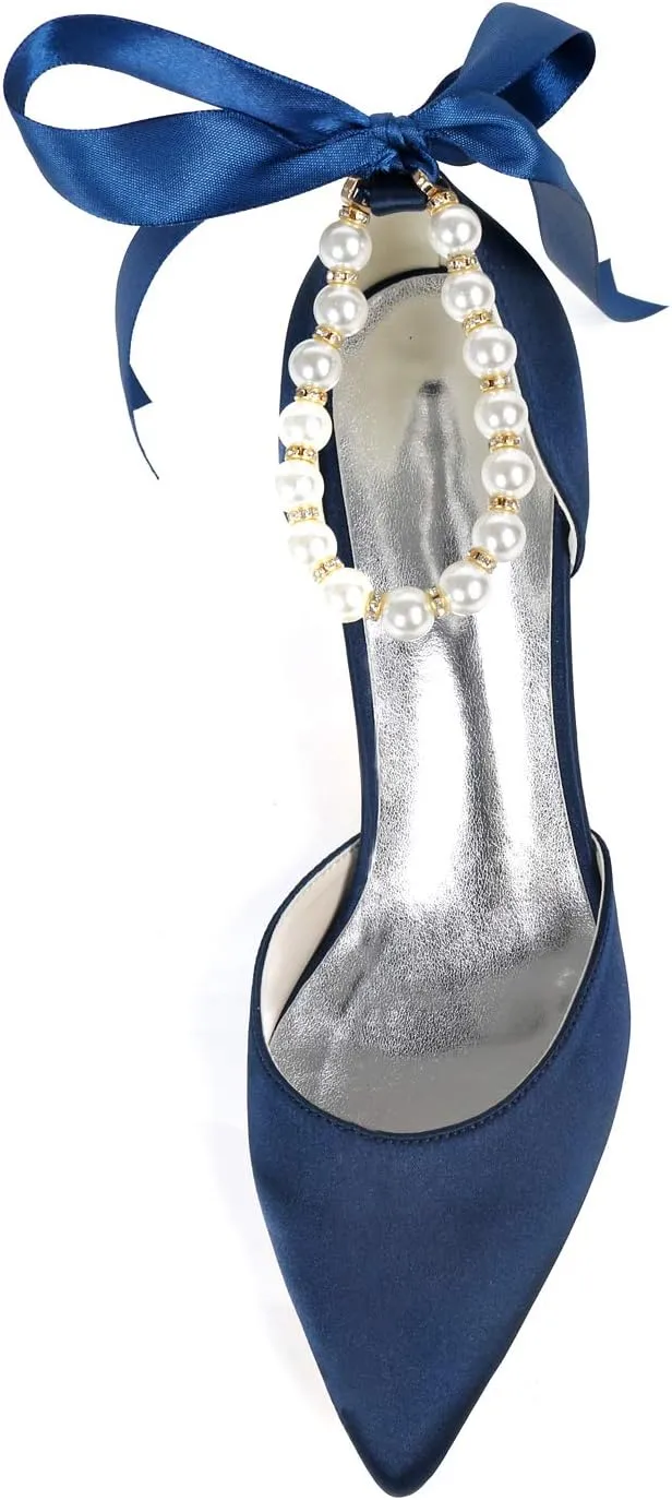 DXSYMJM Women's Bridal Shoes Closed Toe 2.36" High Heel Lace Satin Flower Ribbon Tie Wedding Shoes