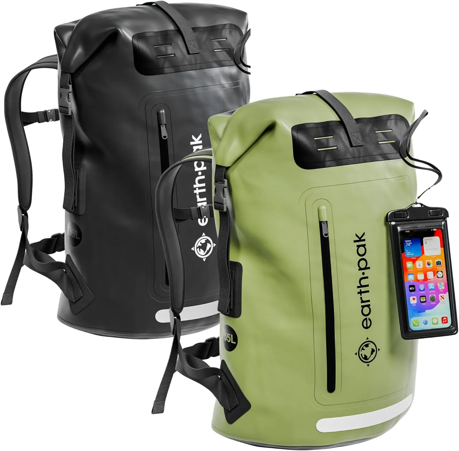 Earth Pak Waterproof Backpack - Heavy Duty Roll-Top Closure with Easy Access Front-Zippered Pocket and Cushioned Padded Back Panel for Comfort with IPX8 Waterproof Phone Case