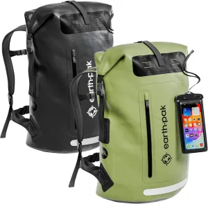 Earth Pak Waterproof Backpack - Heavy Duty Roll-Top Closure with Easy Access Front-Zippered Pocket and Cushioned Padded Back Panel for Comfort with IPX8 Waterproof Phone Case