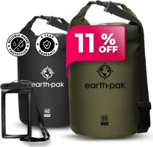 Earth Pak Waterproof Dry Bag - Roll Top Waterproof Backpack Sack (Forest Green 55L & Black 40L)
