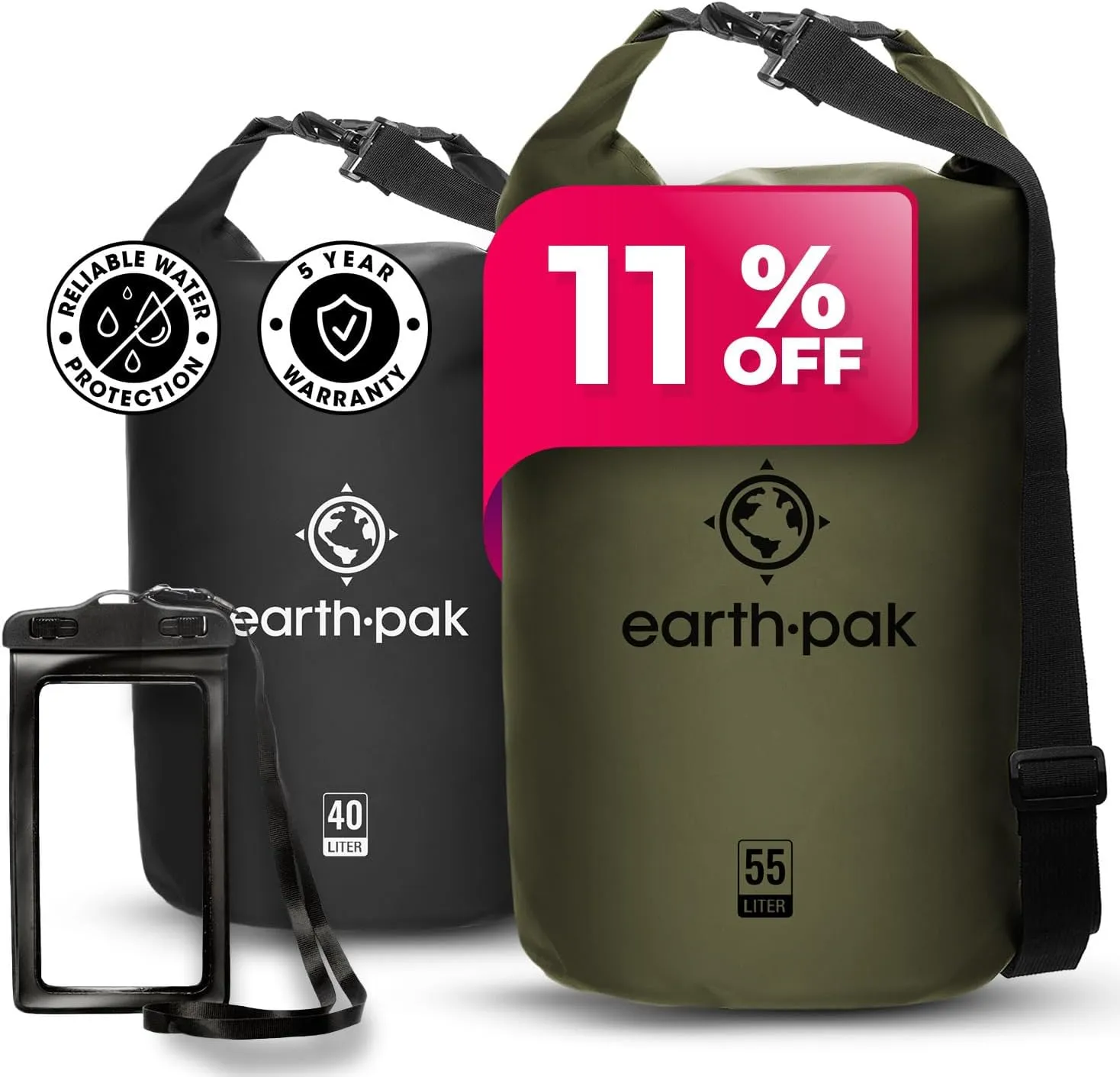 Earth Pak Waterproof Dry Bag - Roll Top Waterproof Backpack Sack (Forest Green 55L & Black 40L)