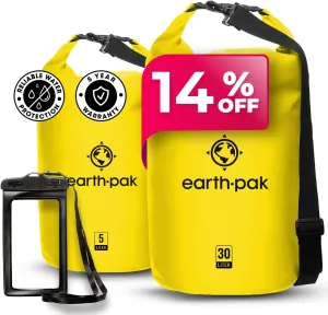 Earth Pak Waterproof Dry Bag - Roll Top Waterproof Backpack Sack (Yellow 30L & 5L)