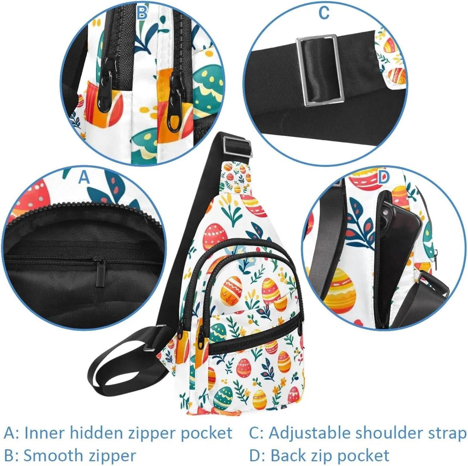 Easter Painted Eggs Sling Backpack, Adjustable Crossbody Shoulder Bag Travel Hiking Daypack