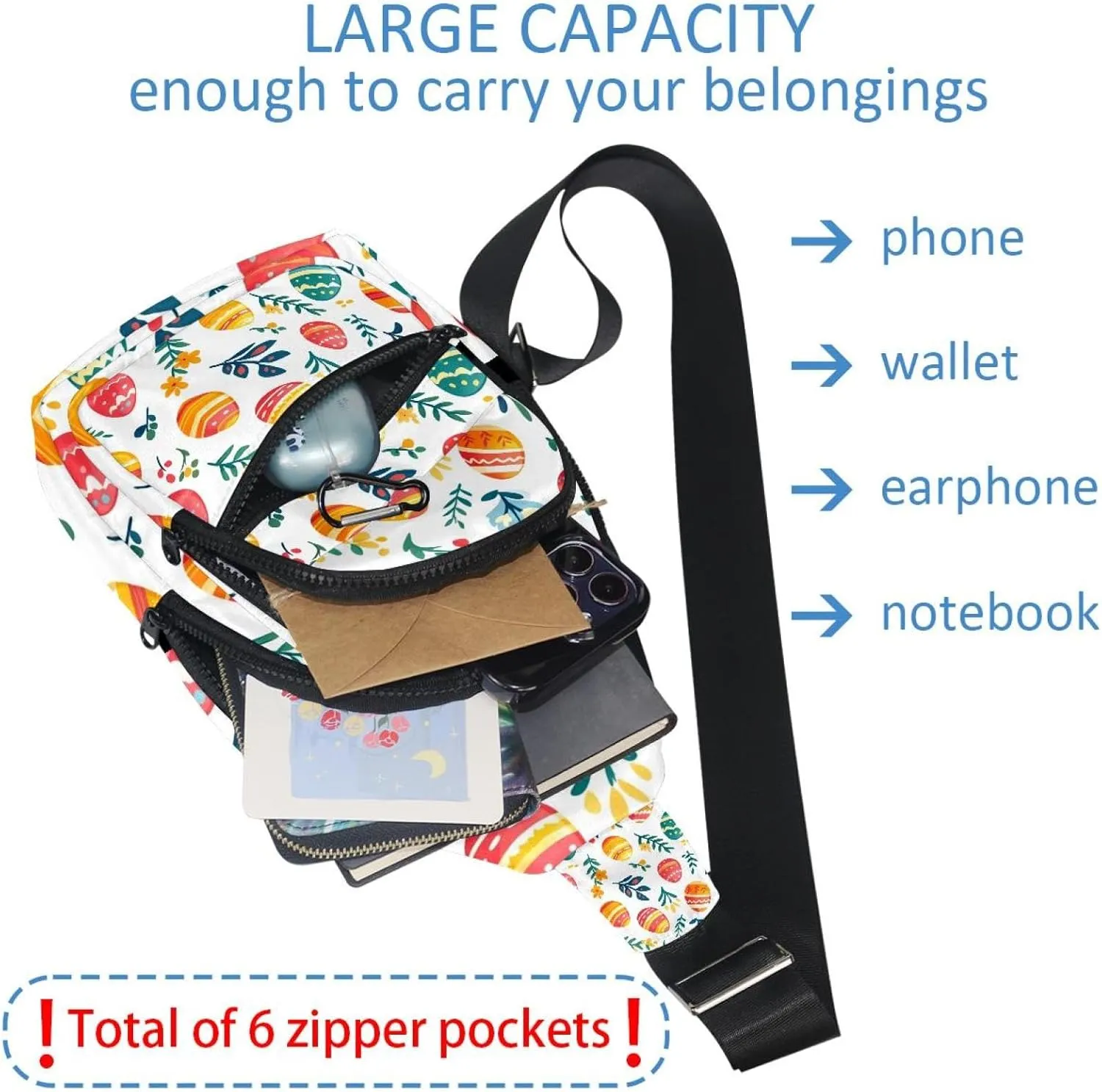 Easter Painted Eggs Sling Backpack, Adjustable Crossbody Shoulder Bag Travel Hiking Daypack